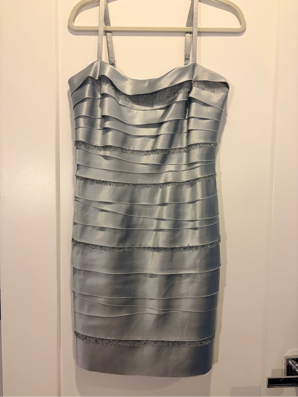 BCBGMaxAzria Silver Satin Tiered Spaghetti-Strap Mini Dress